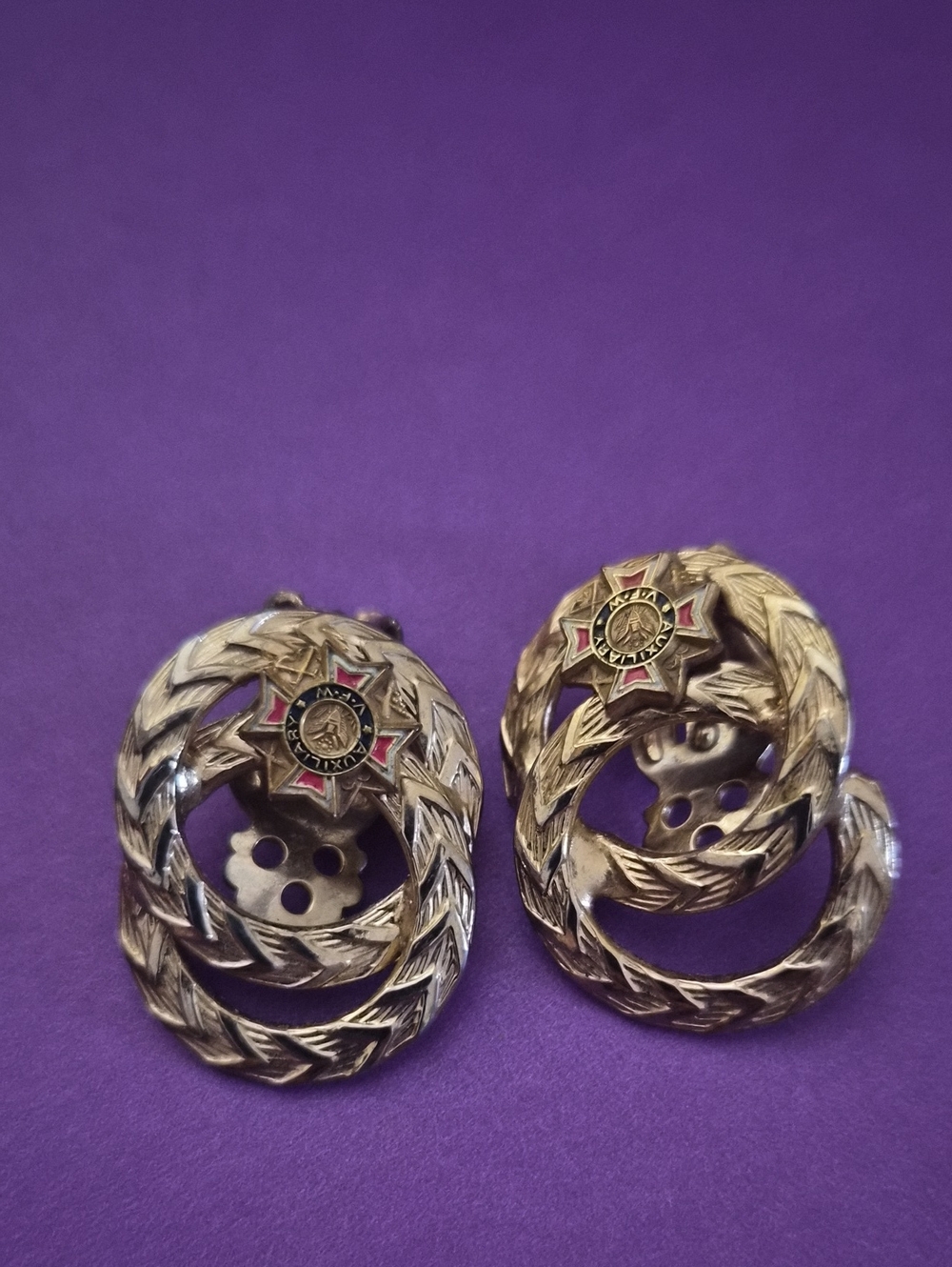 Vintage Gold-Tone Laurel Hoop Earrings with Red Star Accent vfw clip vintage
